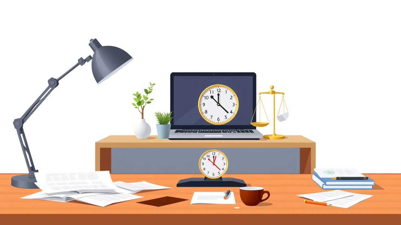 Een rommelig bureau met een laptop en balansschaal, illustrerend werk-privébalans.