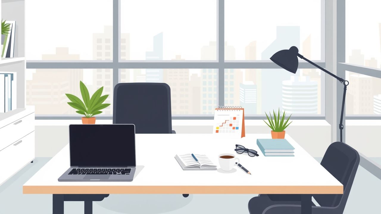 Een opgeruimd en modern thuiskantoor met een laptop, papieren en koffie.