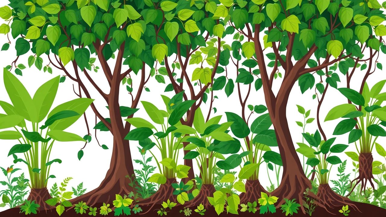 Een weelderig, divers bos met onderling verbonden planten en wortels.