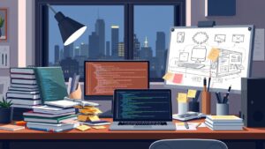 Een rommelig maar georganiseerd kantoorbureau met codeboeken en laptop.