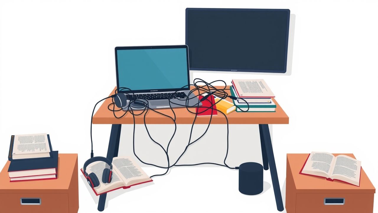 Een rommelig thuiskantoor met een laptop, notitieboek en koptelefoon. Een rommelig thuiskantoor met een laptop, notitieboek en koptelefoon.