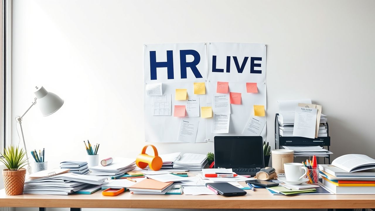 Een rommelig kantoor met HR-gerelateerde materialen voor HR Live evenement. Een rommelig kantoor met HR-gerelateerde materialen voor HR Live evenement.