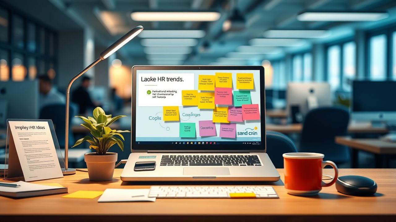 Een informeel kantoorbureau met een open laptop en kleurrijke notities.