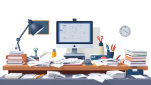 Een rommelig kantoorbureau met HR-software en kantoorbenodigdheden.