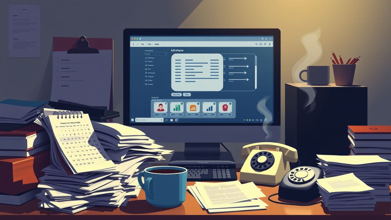 Een rommelig kantoorbureau met computer, papierwerk en koffiekopje.