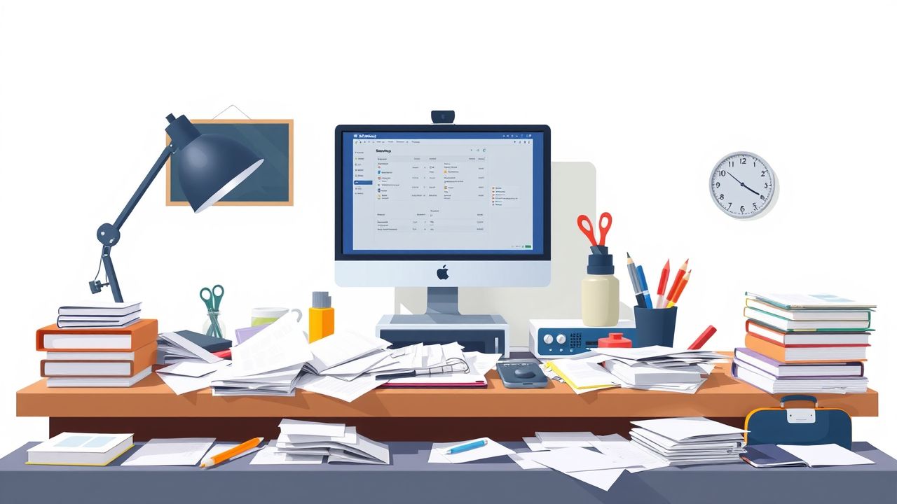 Een rommelig kantoorbureau met HR-software en kantoorbenodigdheden.