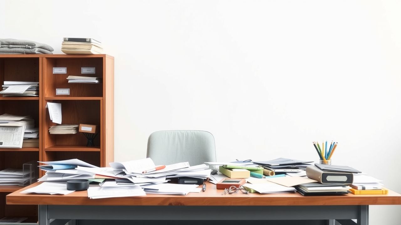 Een rommelig kantoor met verspreide papieren en een gebrek aan organisatie. Een rommelig kantoor met verspreide papieren en een gebrek aan organisatie.