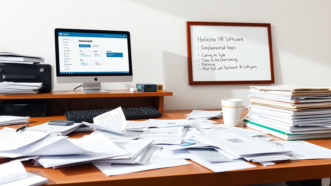 Een rommelig kantoorbureau met papieren, een computer en koffiemok.