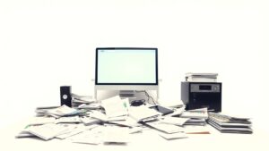 Een rommelig kantoorbureau met papierwerk en HR-software op de computer.