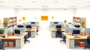 Een levendige kantoorwerkruimte in een klantcontactbedrijf met een plat ontwerp.