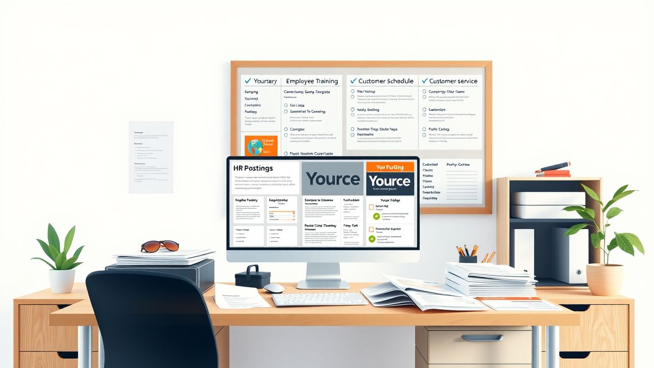 Een kantooromgeving met HR-wervingsmaterialen en vacatures voor Yource.