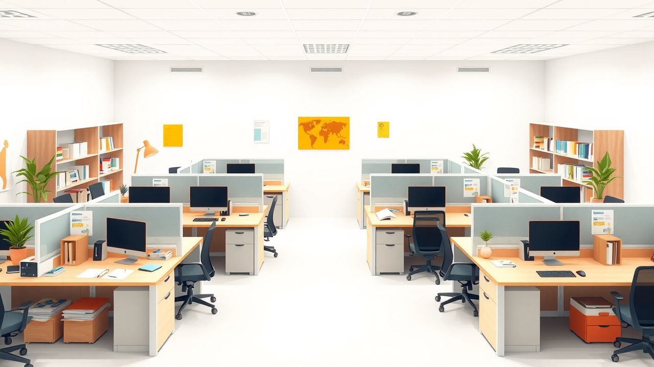 Een levendige kantoorwerkruimte in een klantcontactbedrijf met een plat ontwerp.