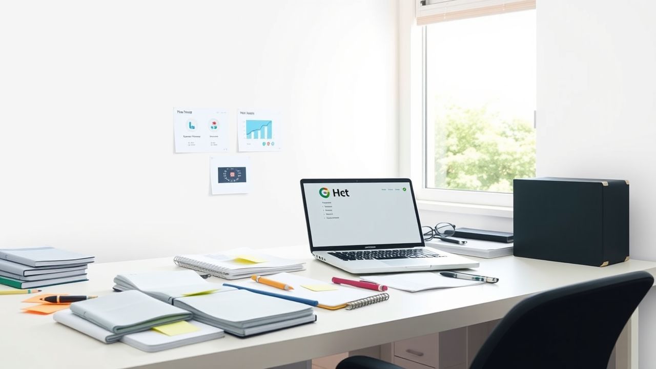 Een rommelig kantoorbureau met open laptop en HR management tools. Een rommelig kantoorbureau met open laptop en HR management tools.