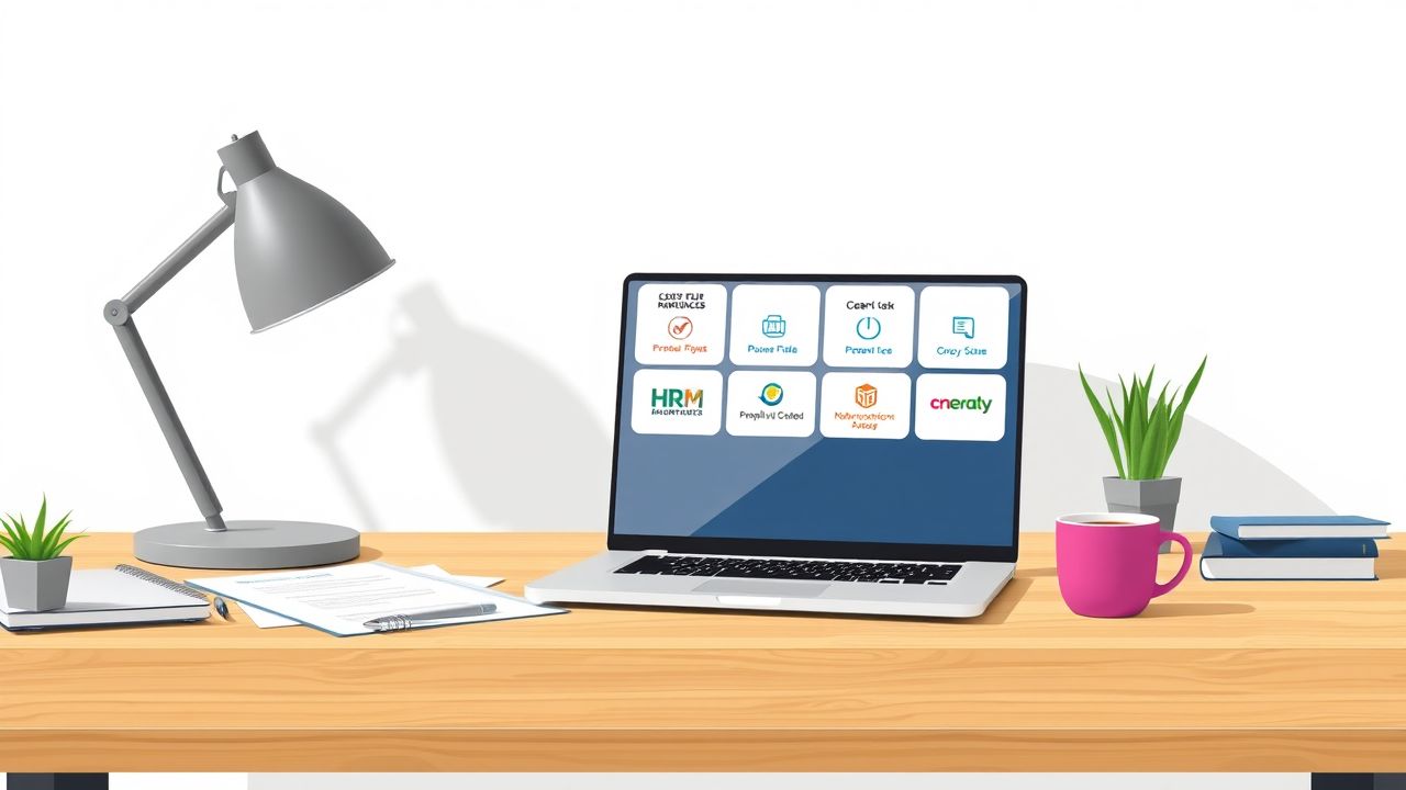 Een kantoorruimte met een open laptop en HRM-softwareopties op het scherm.