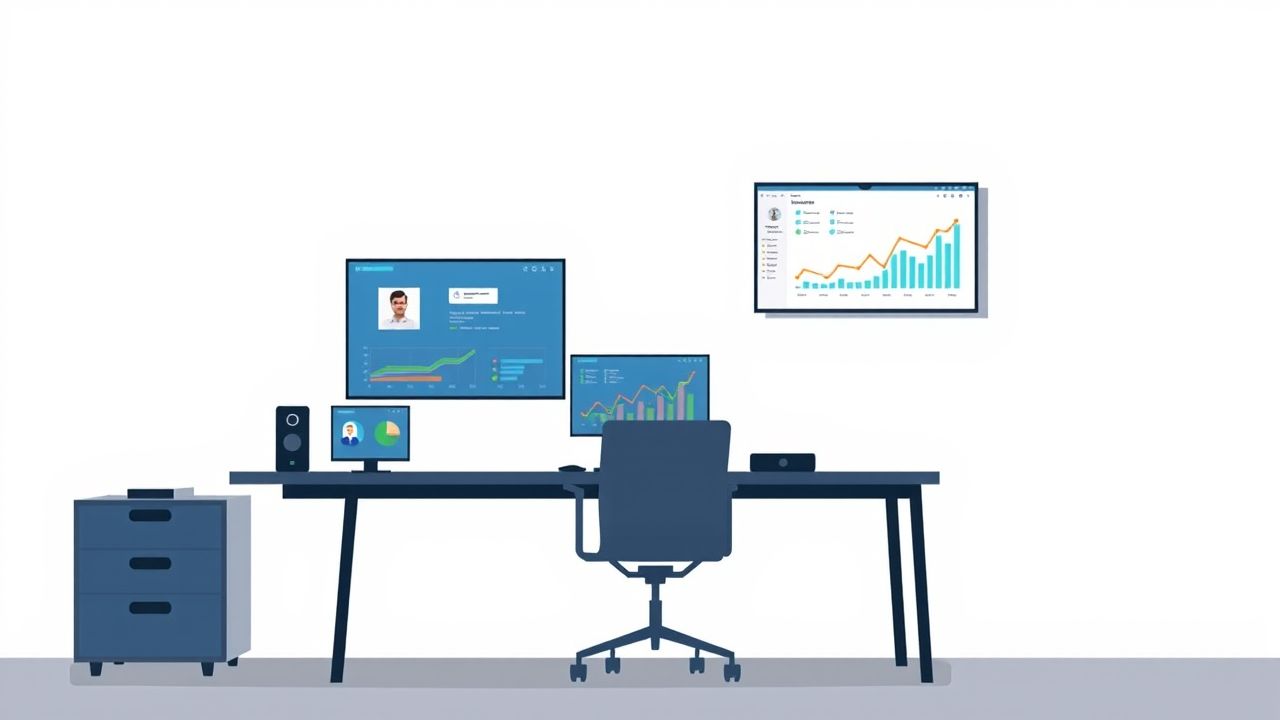 Een modern kantoor met e-HRM en HR-analyse software op computers. Een modern kantoor met e-HRM en HR-analyse software op computers.