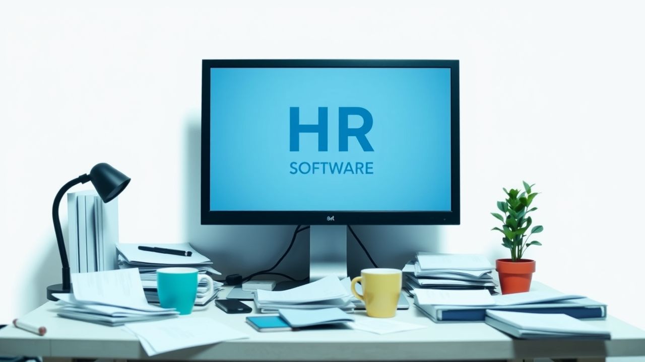 Een rommelig kantoorbureau met een computermonitor, papieren en koffiekop.