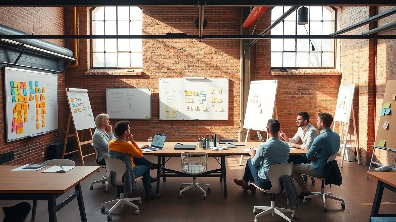 Een industriële vergaderruimte opgezet voor een workshop over HR-innovatie.