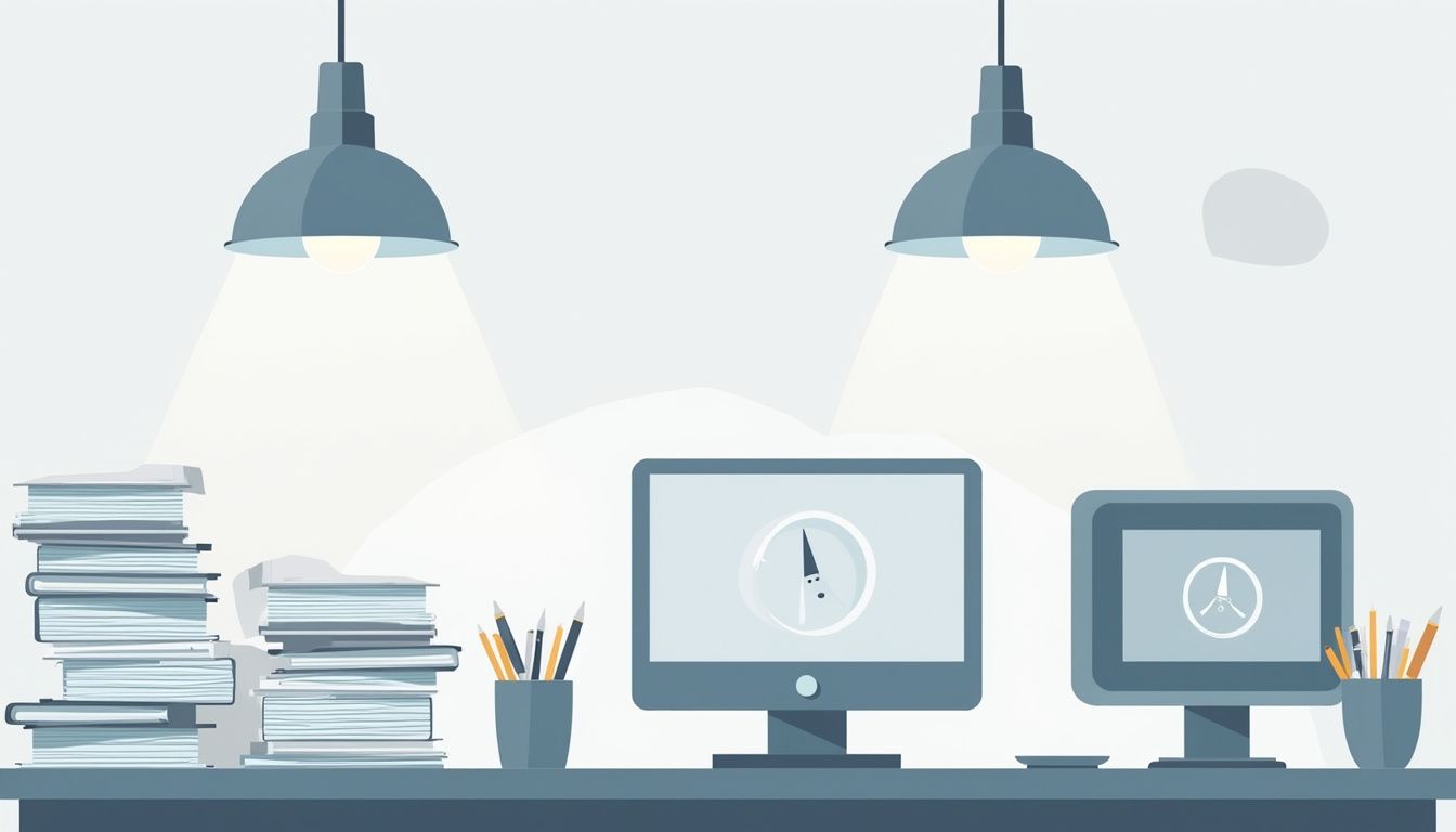 Een rommelig kantoor met stapels papierwerk en een trage computer.