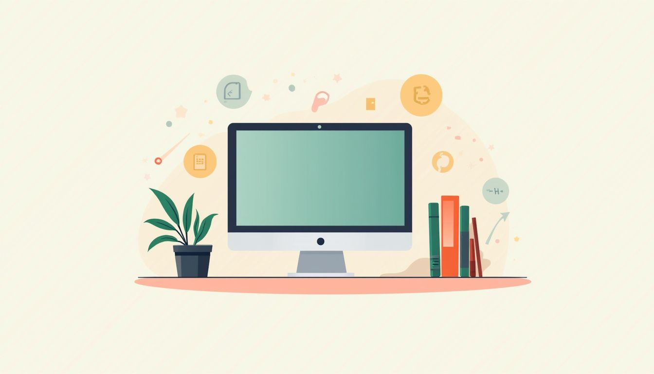 Een minimalistische kantoorwerkplek met moderne software en planten.