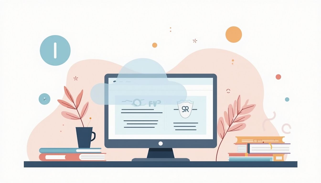 Een minimalistische illustratie van een modern kantoorbureau met HR-documenten en laptop.