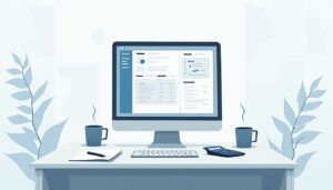 Een minimalistische kantoor bureau met HR-software interface en koffiekop.