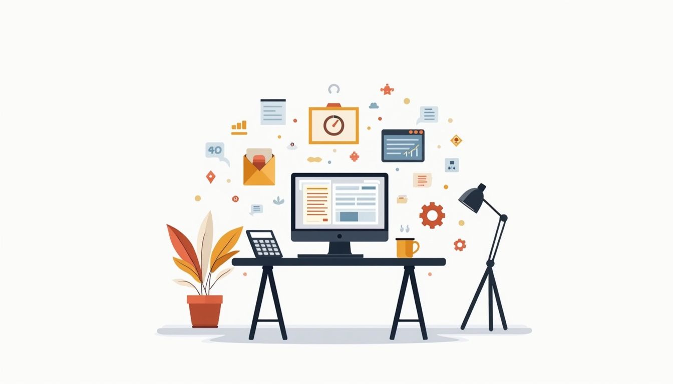 Een minimalistische bureauscène met computer en koffiekop. Een minimalistische bureauscène met computer en koffiekop.