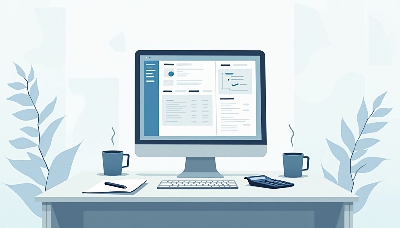 Een minimalistische kantoor bureau met HR-software interface en koffiekop.