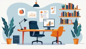 Een minimalistische, georganiseerde werkplek in een modern kantoor.