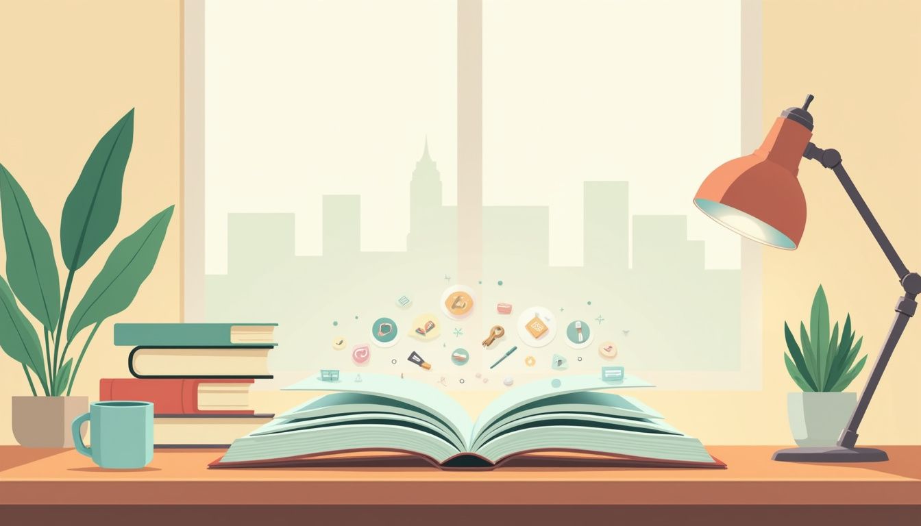 Een minimalistische vector illustratie van een open boek op een bureau.