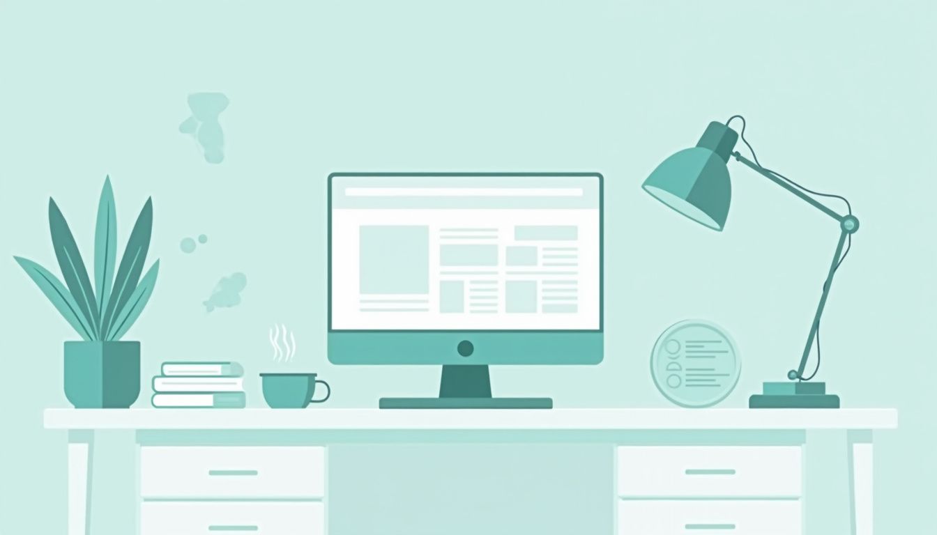 Een minimalistische illustratie van een kantoorbureau met computer en koffiekopje. Een minimalistische illustratie van een kantoorbureau met computer en koffiekopje.