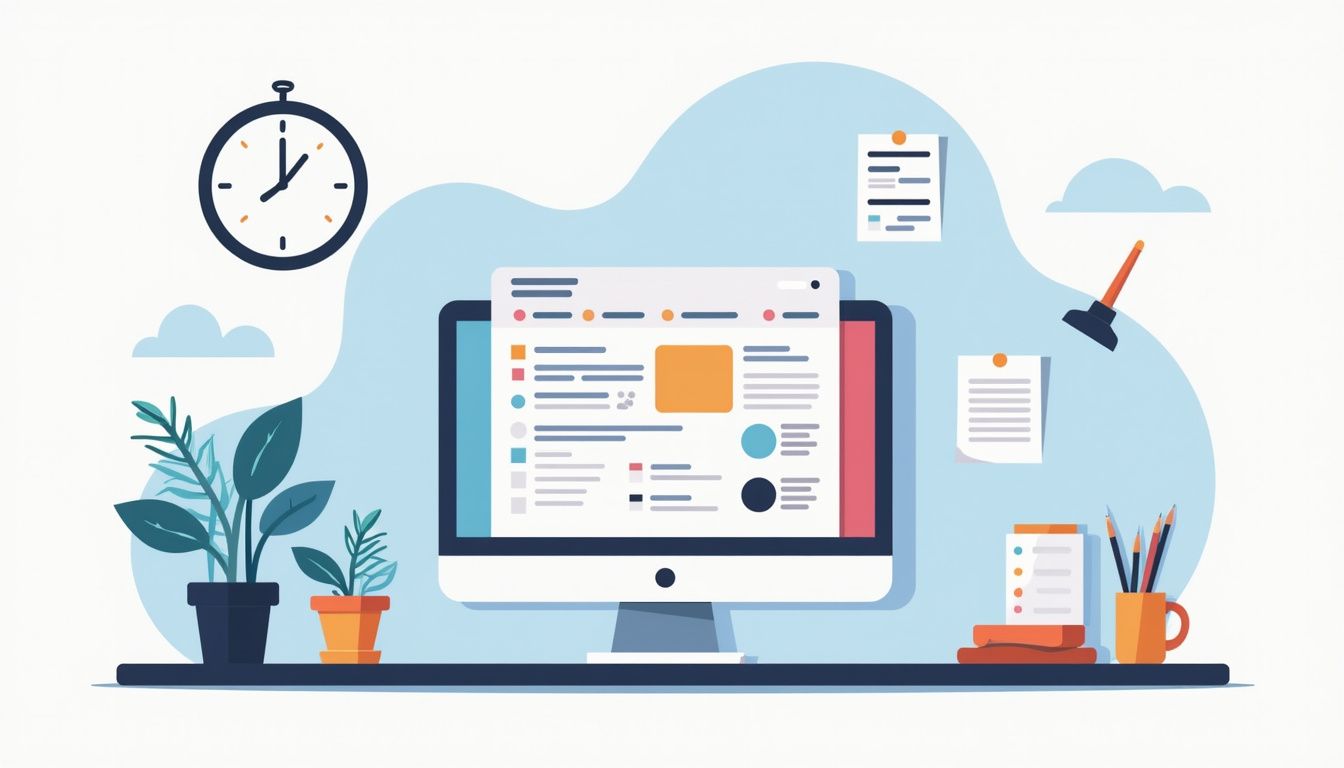 Een minimalistische illustratie van een moderne werkplek met HRM-software.