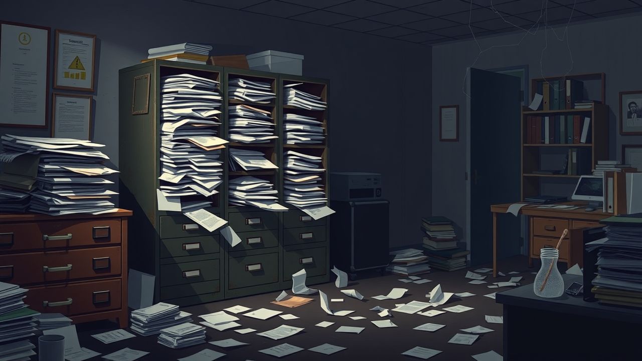 Een verlaten kantoor met een rommelige archiefkast vol papierwerk.