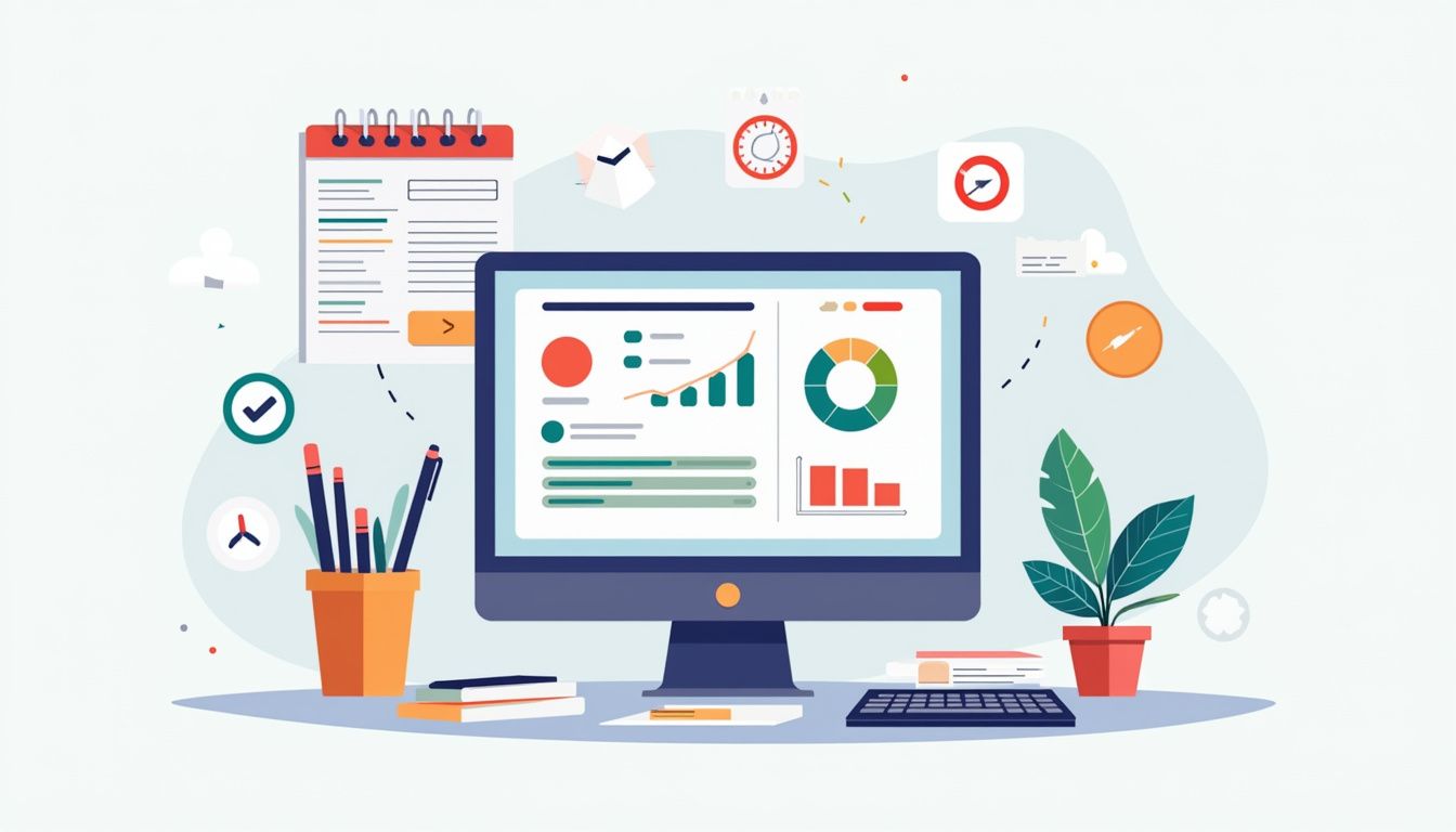 Een modern bureau met HR-automatiseringssoftware en kantoorbenodigdheden in minimalistische stijl.