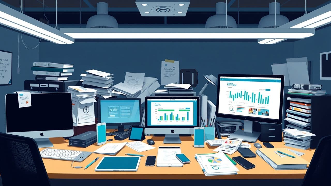Een rommelig kantoorbureau met moderne HR-instrumenten en technologie.
