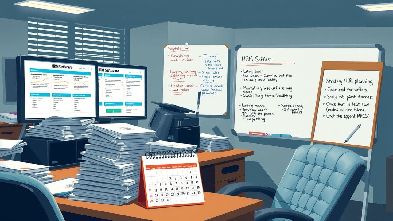 Een rommelig kantoorbureau met HRM-software, computer- en whiteboardnotities.