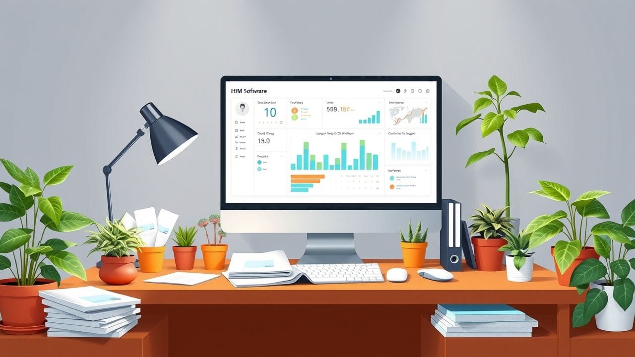 Een kantoorbureau met HRM-softwarehandleidingen en een computer met een werknemersbeheerdashboard.