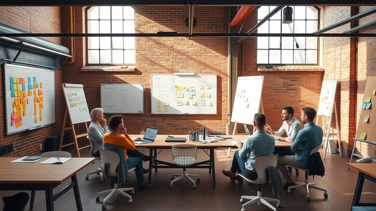 Een industriële vergaderruimte opgezet voor een workshop over HR-innovatie.